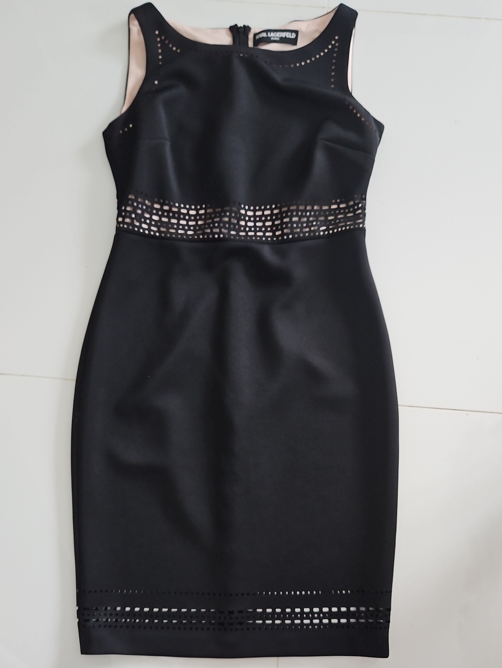 Karl Lagerfeld Black Sleeveless Laser-Cut Midi Sheath Coctail Dress